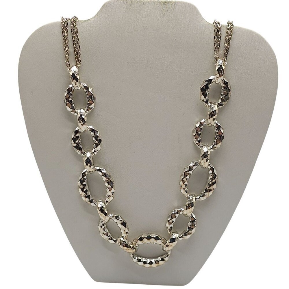 Hammered Silver Tone Statement Necklace Chain Link Design Adjustable Closure
